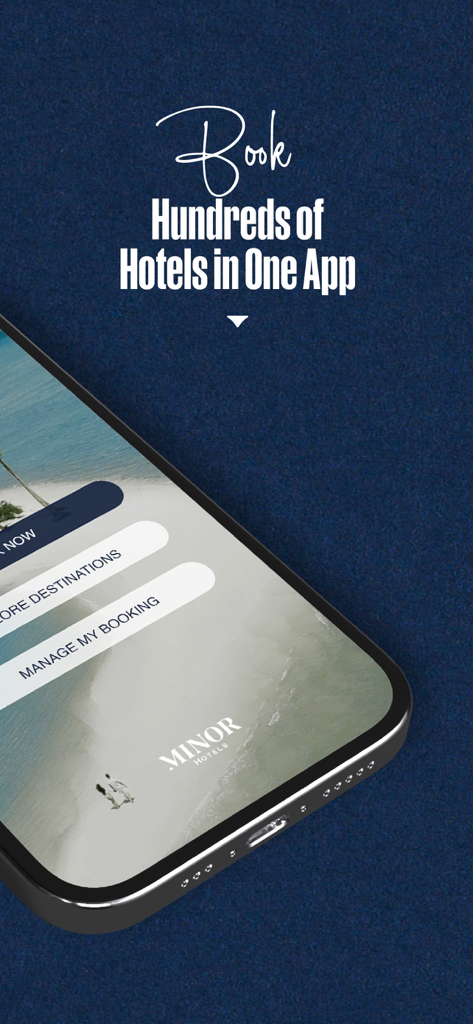 Minor Hotels - マイナーホテルズのモバイルアプリのホーム画面に、ホテル予約のオプションが表示されている