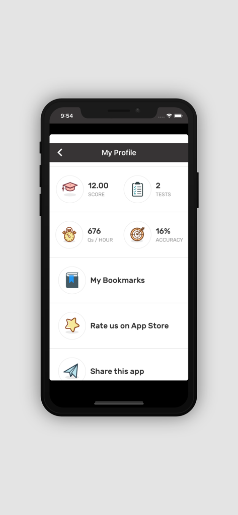 Dental Pulse Academy - Dental Pulse Academy app user profile screen displaying test scores, speed, and accuracy metrics.