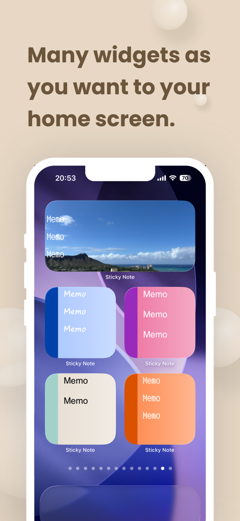 Widgets Sticky Note - An iPhone home screen featuring multiple colorful and personalized sticky note widgets