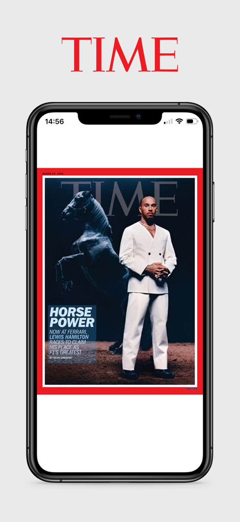 TIME Magazine - A smartphone screen displaying the TIME Magazine app featuring a cover story of Lewis Hamilton titled Horse Power.