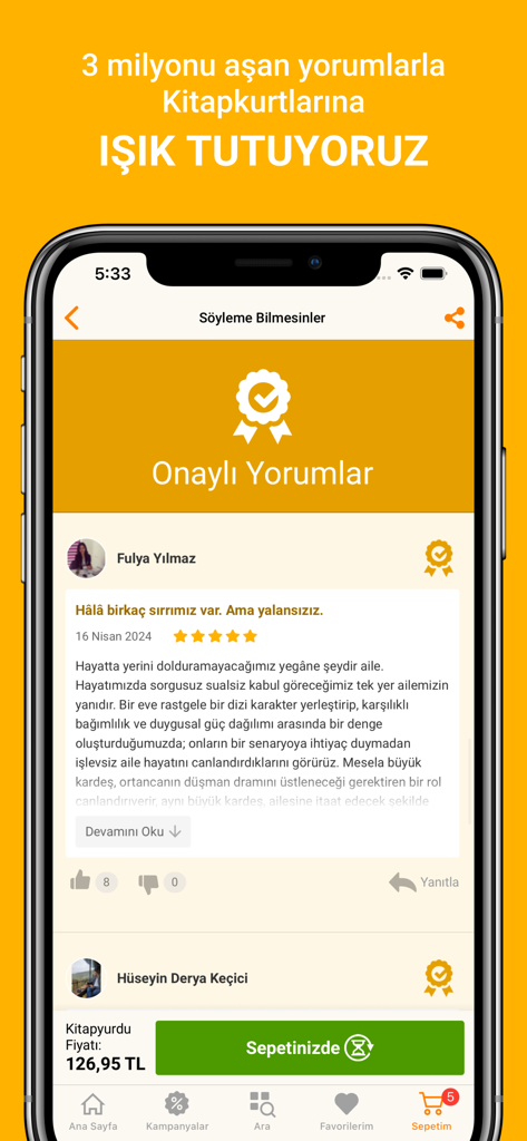 Mobile interface of the Kitapyurdu app displaying verified user reviews and ratings for books in Turkish.