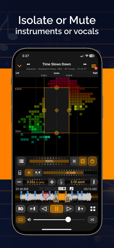 Anytune Pro+: Studio Tools  - Anytune Pro+ interface showing the ReFrame feature to isolate or mute instruments and vocals.