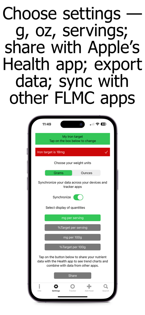 Iron Counter and Tracker - Settings screen of the Iron Counter and Tracker app showing options for weight units, iron targets, and data synchronization