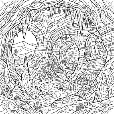 Unwind and explore the geological wonders of desert caves with this intricately designed adult coloring page. Its detailed rock formations and hidden pathways offer a captivating artistic escape.