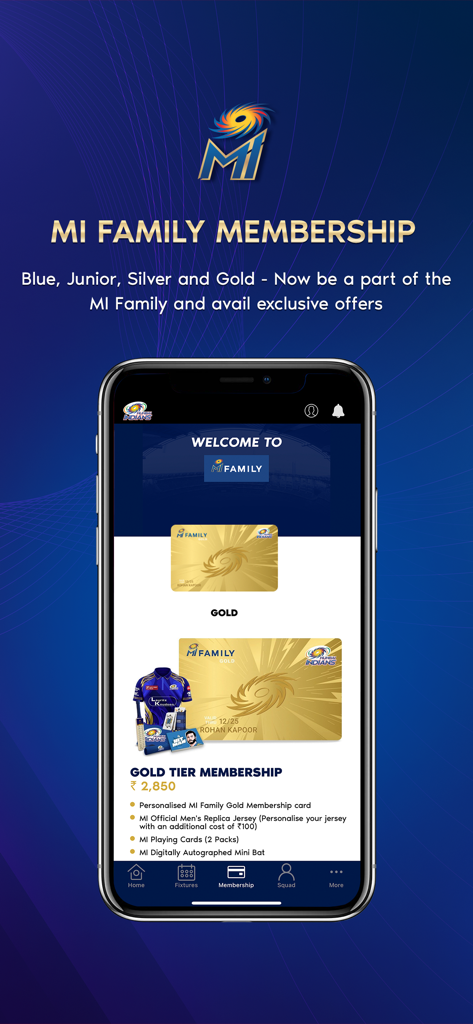 Mumbai Indians Official App - Interfaz de la app de los Mumbai Indians mostrando los beneficios y precios de la membresía de nivel oro.