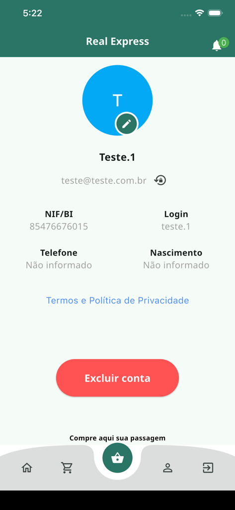 User profile and account settings screen of the Real Express cashback loyalty app.