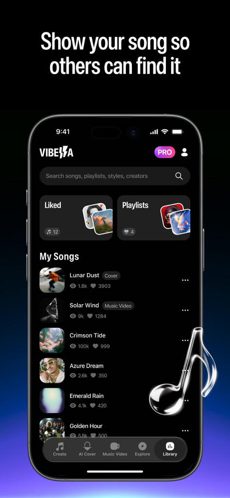 Vibella: AI Music & Song Maker - Interface of Vibella app showing a personal library of AI-generated songs with titles and play statistics.