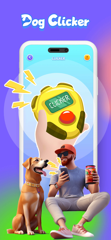A smartphone displaying a virtual dog clicker tool for training from the PawsTalk pet app with an illustration of a man and his dog
