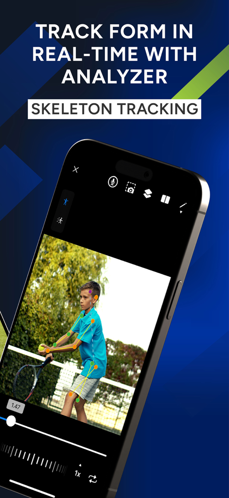 UView: AI Sports Video Coach - Real-time AI skeleton tracking for sports form analysis on a smartphone showing a tennis player.
