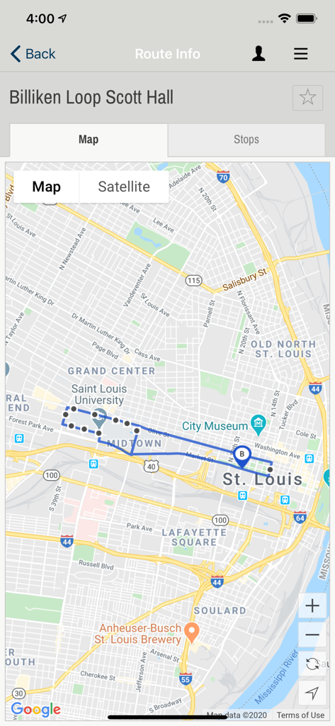 セントルイス大学アプリのビリケンループシャトルルートの地図ビュー。