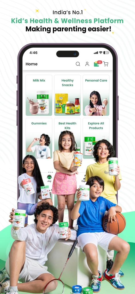 Little Joys: Kids Health App - The home screen of the Little Joys kids health app showing various product categories like milk mix healthy snacks and personal care.
