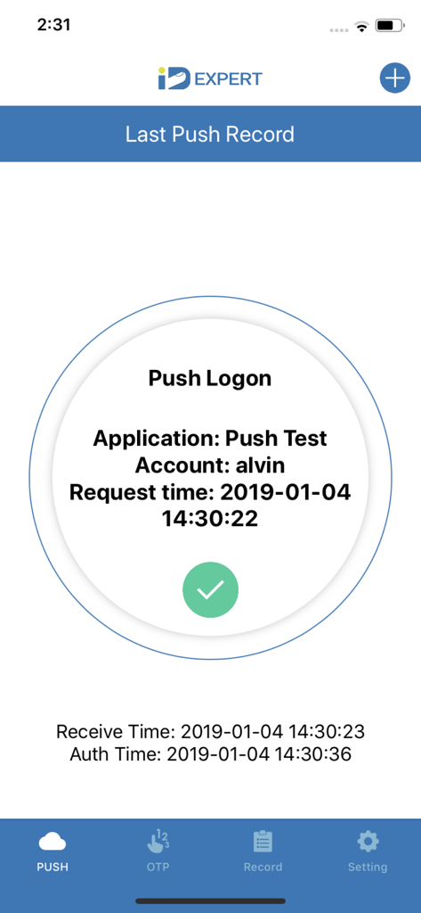 Successful push logon record screen in the IDExpert authentication app showing login details and timestamps.