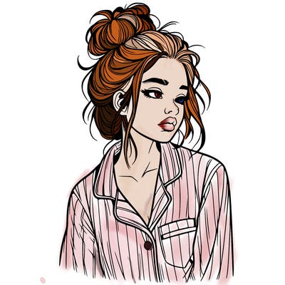 realistic woman with pajamas on and a messy bun