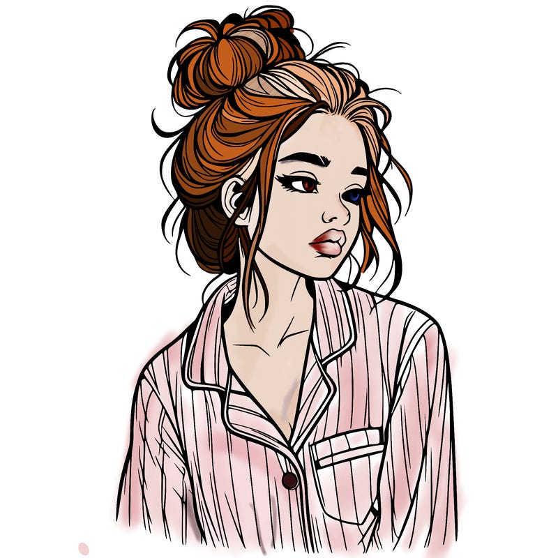 realistic woman with pajamas on and a messy bun