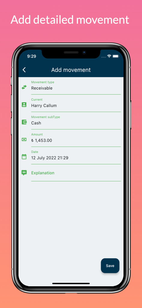 Current Tracking - ENOR - Interface móvel do aplicativo Current Tracking mostrando o formulário para adicionar um novo movimento a receber de um contato