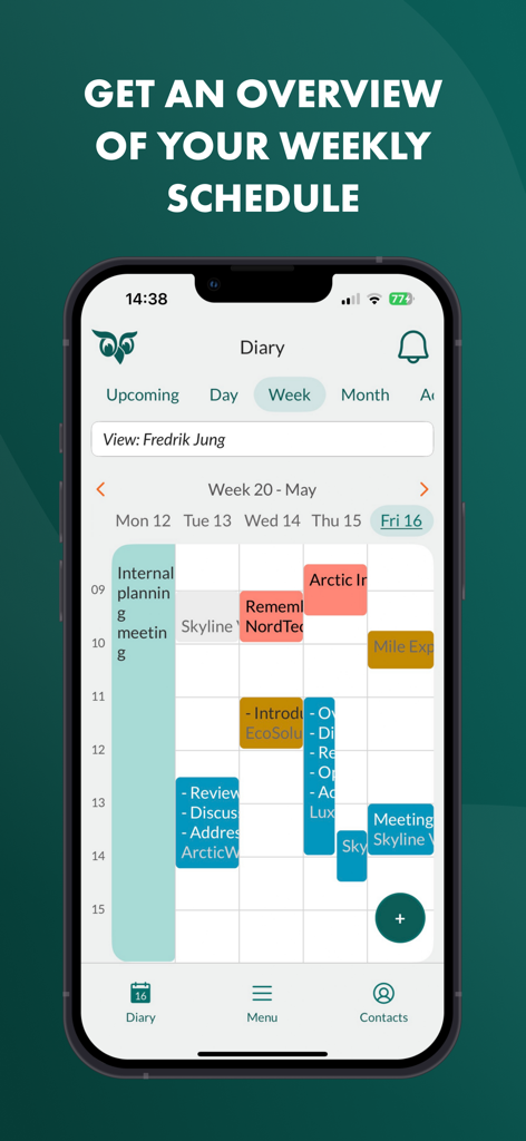 SuperOffice Mobile CRM app showing a weekly calendar schedule with color coded business meetings and appointments.
