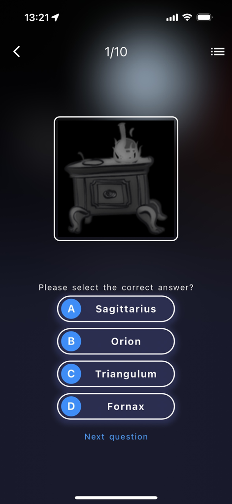 AR-Telescope - A constellation identification quiz screen within the AR-Telescope app.