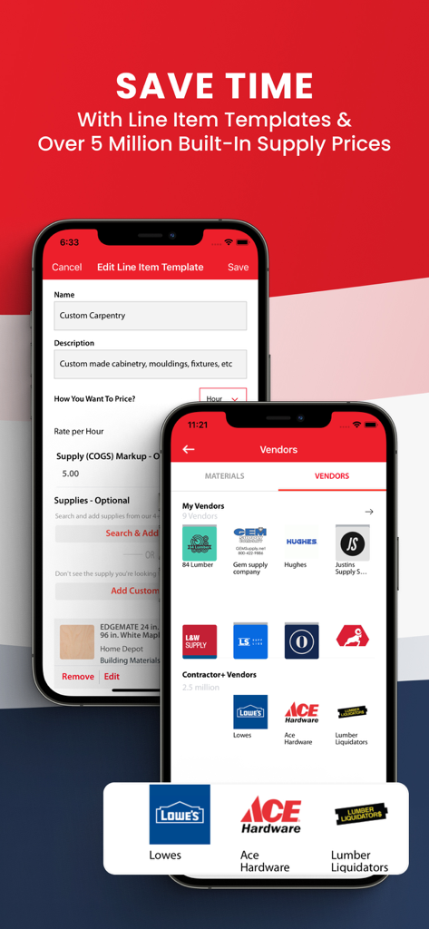 Contractor+ app interface showing custom carpentry line item templates and a list of integrated supply vendors including Lowe's and Ace Hardware