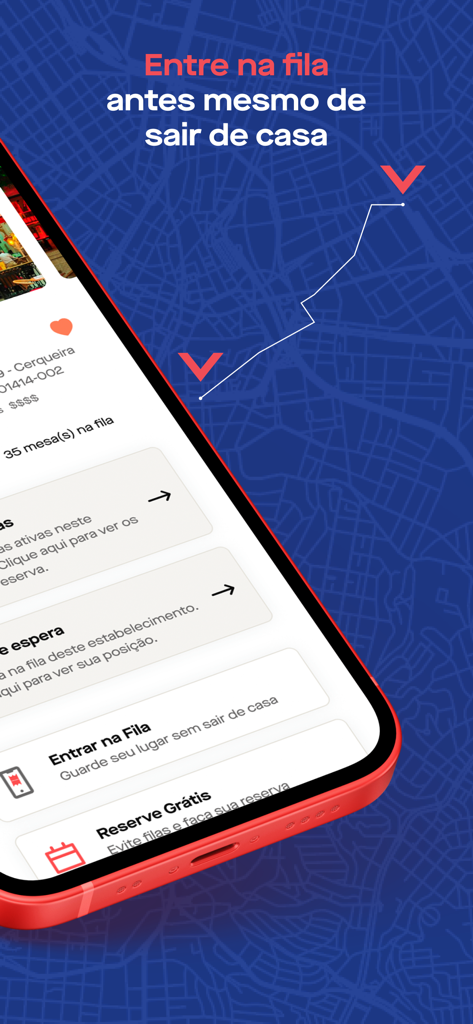 Smartphone screen showing the Get In app feature to join a restaurant waitlist remotely over a blue map background