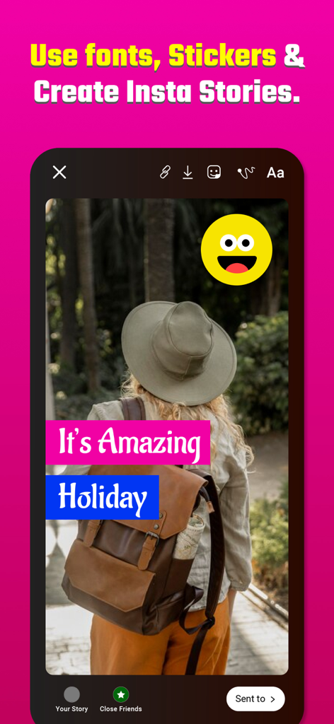Storyfont - Fonts Story for IG - Instagram story editor showing custom fonts and stickers on a travel photo