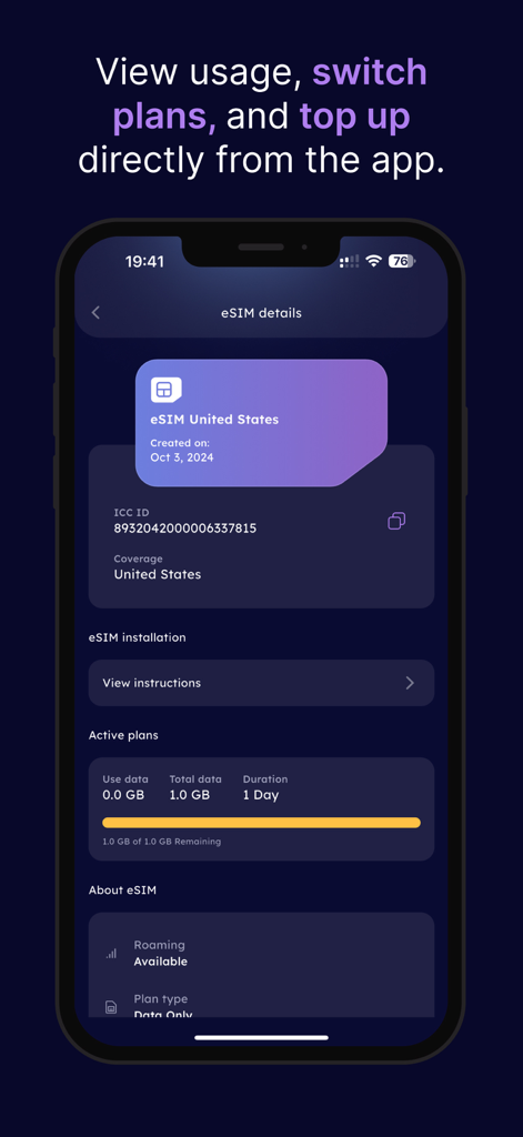 Interface of the Simology app showing eSIM plan details and data usage tracking for the United States