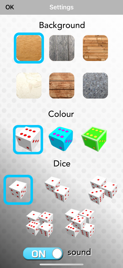 Dice Roller Simulator - Settings screen of Dice Roller Simulator showing background and dice color customization options