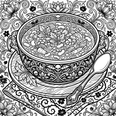 Experience a fusion of flavors and dark elegance with this unique Gothic Spring Bean Soup coloring page. Featuring a rich bowl amidst intricate Victorian patterns and subtle spring blooms, it promises a captivating artistic journey.
