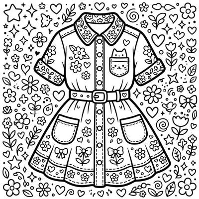 Step into the whimsical world of Kawaii with this charming shirt dress coloring page, perfect for fashion and cuteness enthusiasts. Adorned with delightful patterns and a peek-a-boo cat, it promises a fun and relaxing coloring experience.