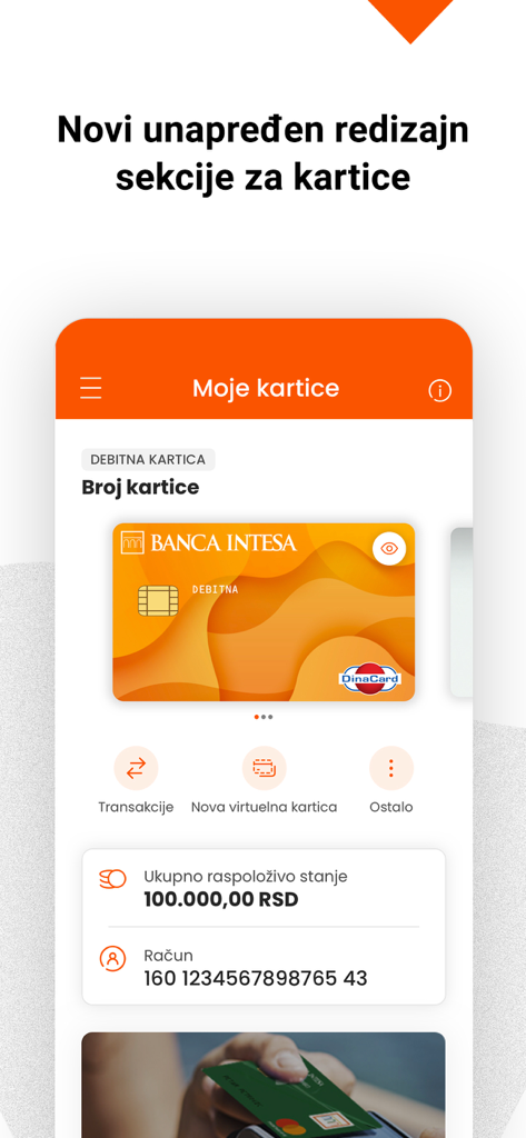 Interface of Banca Intesa Mobi app displaying debit card details and account balance.