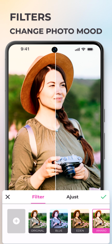 Grid Photo Maker - Pic Collage - Una pantalla de smartphone que muestra una comparación de filtros de fotos y herramientas de edición