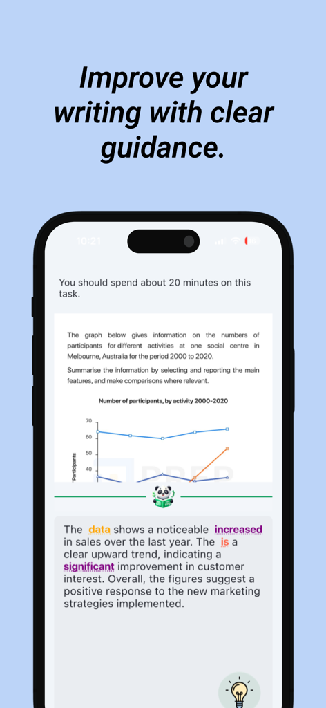 The Eng - English Practice - Interface do aplicativo The Eng mostrando prática de escrita em inglês com análise de gráficos e orientação de IA