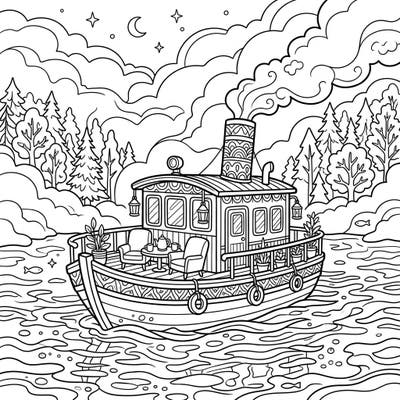 Unwind with our delightful steamboat coloring page, perfect for embracing tranquil weekend vibes. Imagine yourself on a peaceful journey through misty waters, ready to add your favorite colors to this charming scene.