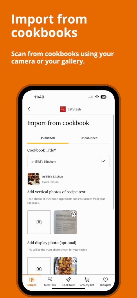 EatStash app interface for scanning and digitizing recipes from physical cookbooks