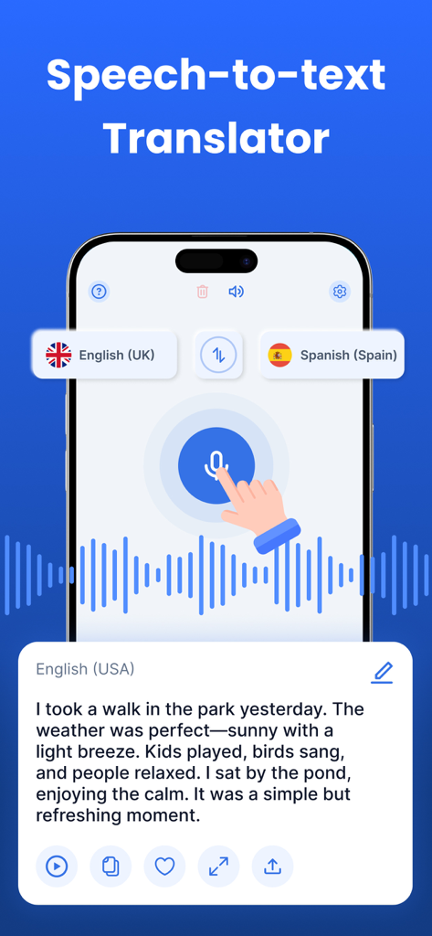 AI Translator, Voice Translate - Tela do smartphone exibindo o recurso de tradução de fala para texto do aplicativo AI Translator com um botão de reconhecimento de voz e texto em inglês transcrito.