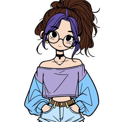 girl with a messy ponytail glasses a baggy crop top and jean shorts