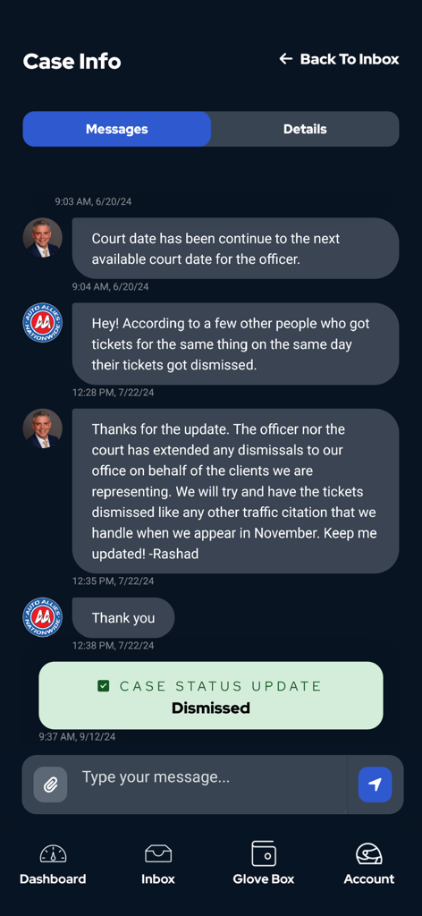Auto Allies - The Auto Allies app displaying a chat with a lawyer and a green banner confirming the traffic ticket case was dismissed.