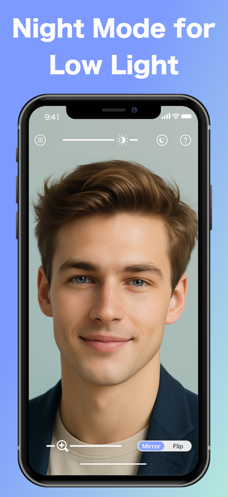 A smartphone displaying the Mirror App's night mode for low light usage featuring a man's face and brightness controls.
