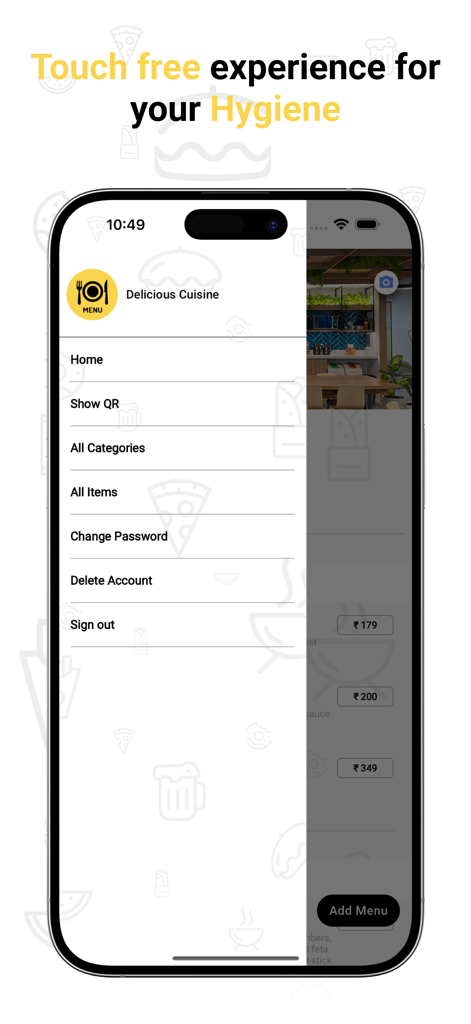 Menu de navigation latéral de l'application Smart Menu présentant la gestion du restaurant et les options de restauration sans contact