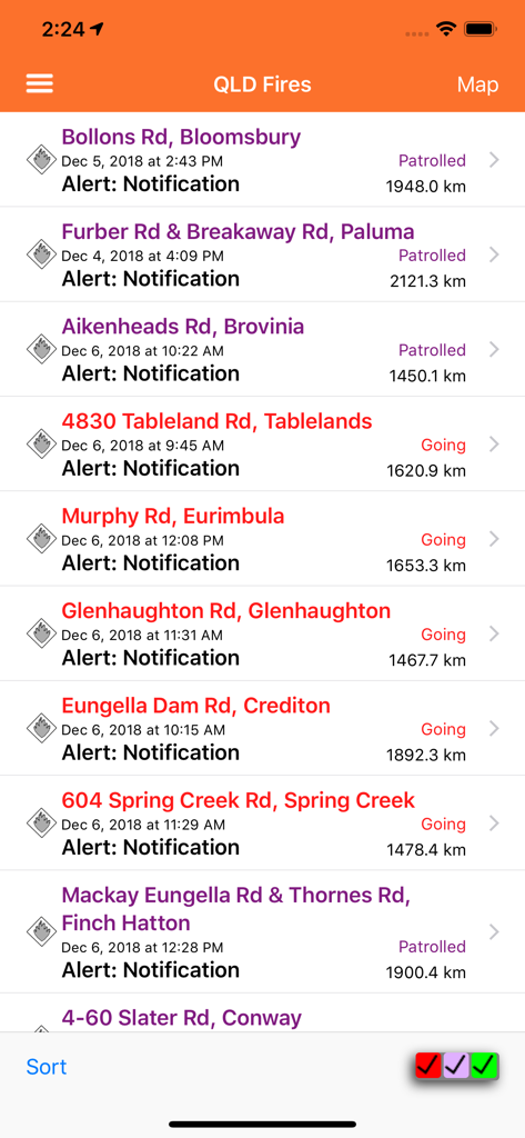 QLD Fires - A list of fire alerts in the QLD Fires app showing locations and statuses.