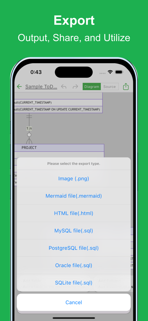 Export menu in the ER Diagram AI app showing options for PNG, Mermaid, HTML, and various SQL formats like MySQL and PostgreSQL.