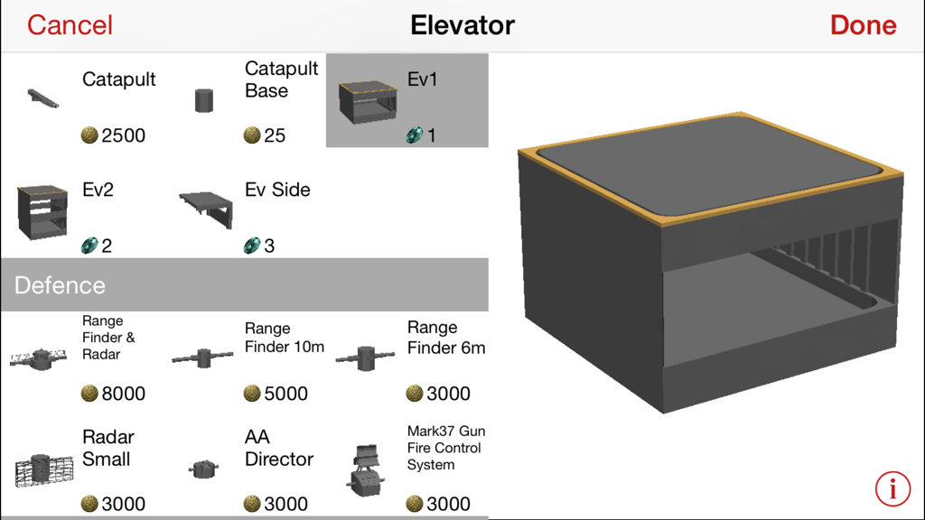 Naval Craft - Shipbuilding interface in Naval Craft showing elevators and defense equipment parts for battleship construction
