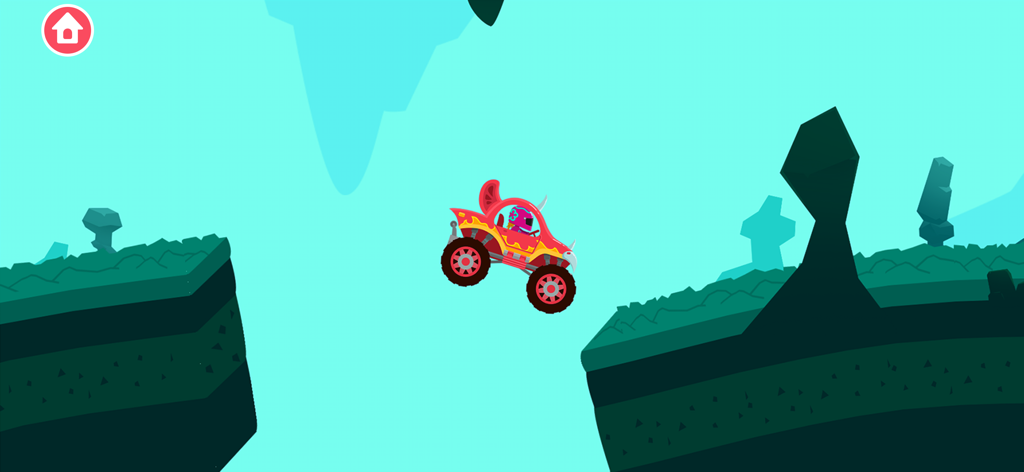 Truck Driver Games for kids - A red monster truck jumping over a gap in a colorful kids racing game