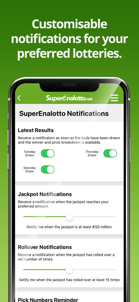 Customizable notification settings for SuperEnalotto draws and jackpot alerts.