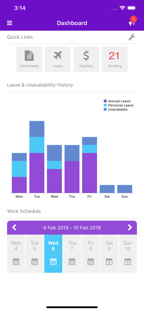 Access Definitiv - Access Definitiv app dashboard with payroll links, leave history graph, and work schedule calendar