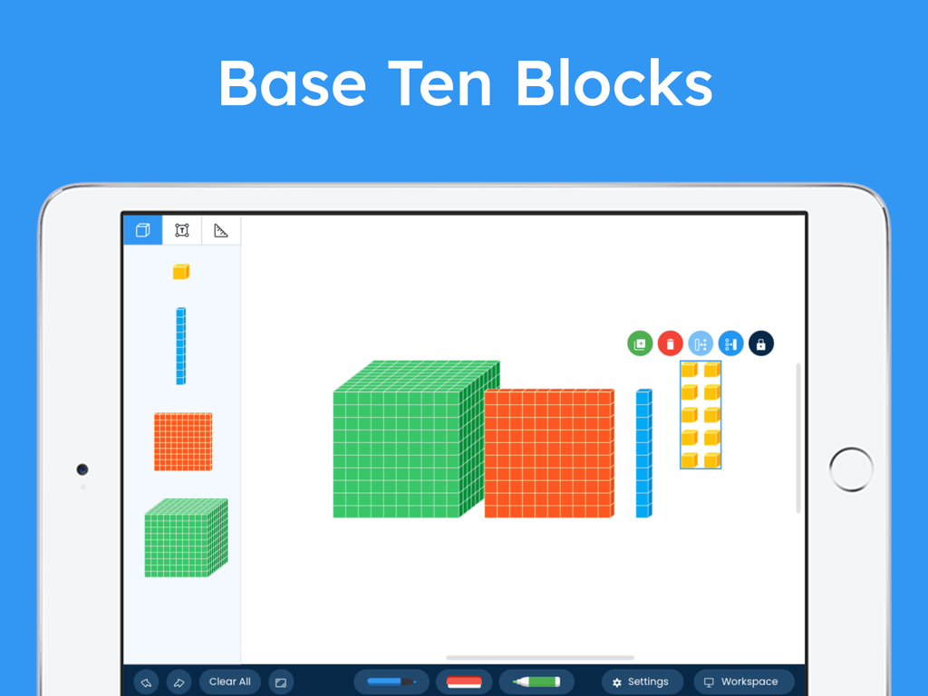 Brainingcamp app interface showing virtual base ten blocks on an iPad