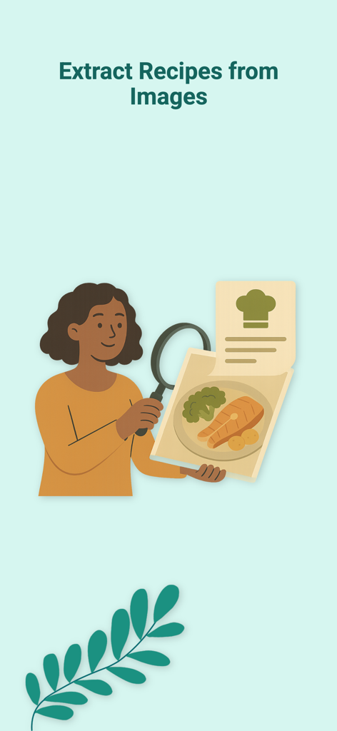 Meal Planner Family - Illustration d'une femme utilisant une loupe pour scanner et extraire une recette d'une image d'aliment