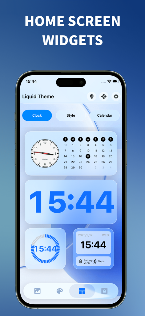 Liquid Theme - 26 Wallpapers - Eine Vorschau der Liquid Theme-App, die verschiedene futuristische, glasförmige Uhr- und Kalender-Widgets auf einem iPhone zeigt.