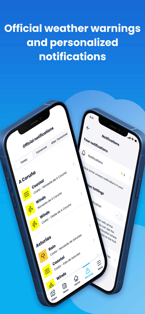 Weather&Rain: Maps & Widget - Two iPhones showing official weather warnings and personalized notification settings in the El Tiempo weather app
