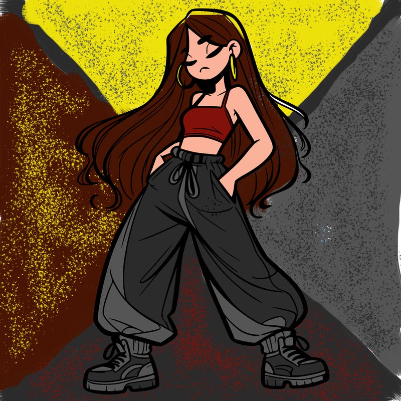girl in baggy pants crop top and long hair