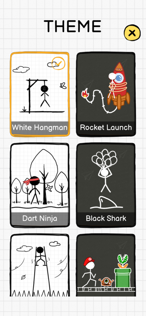 Theme selection screen in Hangman Words featuring different stick figure styles like Ninja and Rocket.